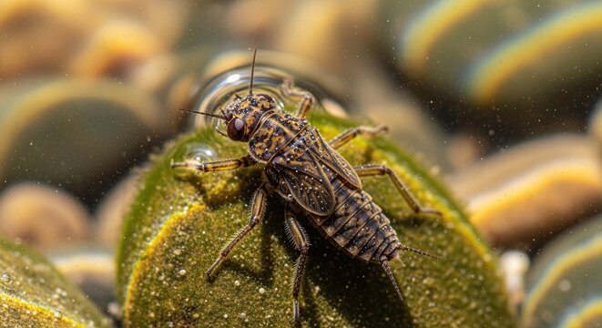 Macro view of a delicate dragonfly nymph resting on a mossy rock underwater.