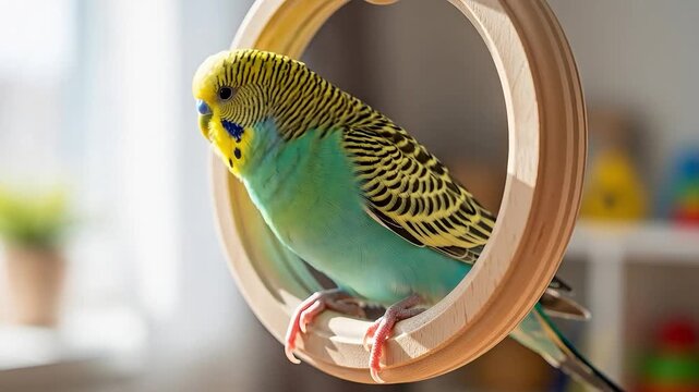 A budgerigar parrot in a wooden ring, bathed in natural light.