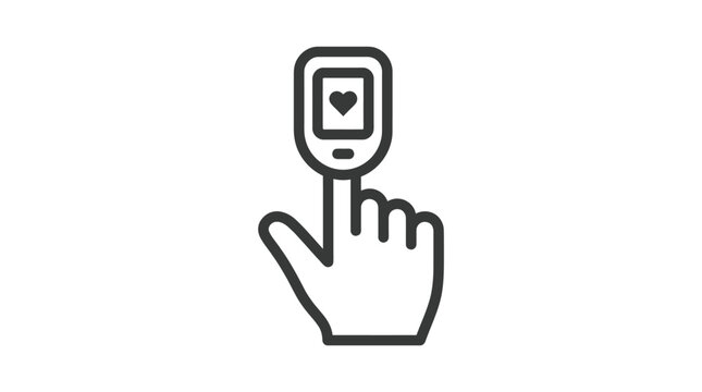 Simple black and white line art icon showing a finger inside a pulse oximeter device with a heart symbol displayed on the digital screen interface