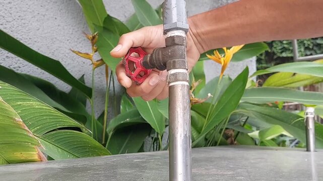 Hand turning water faucet on and off