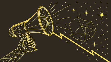 Golden Megaphone Amplifying Starry Geometric Constellation Pattern with Cosmic Glow for Space, Astronomy, and Digital Design © Samim
