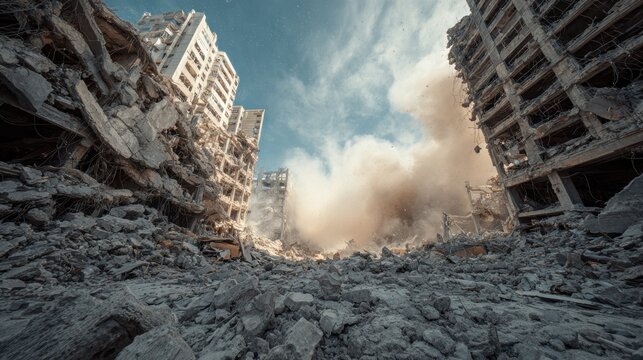 Post-War Cityscape: Ruins of Modern Architecture and Dust Cloud Aftermath