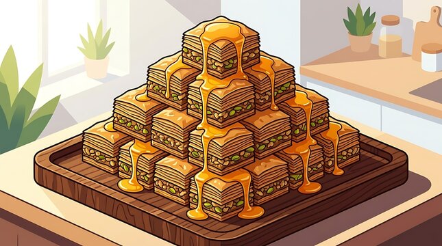 Pyramid of honey dripping baklava vector on wooden tray