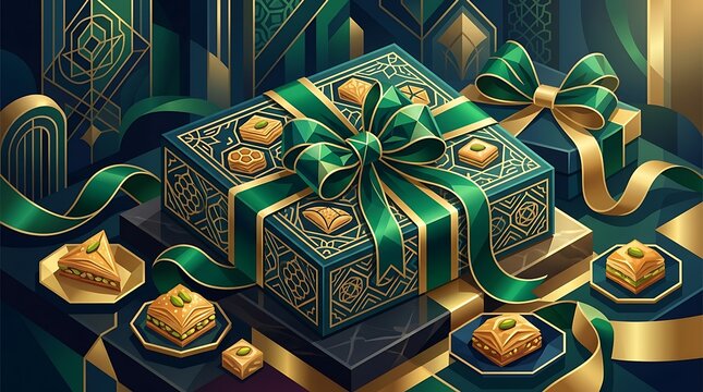 Elegant baklava vector with luxury gift boxes and gold patterns