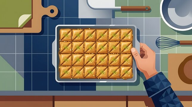 Tray of traditional sweet baklava vector on a kitchen counter