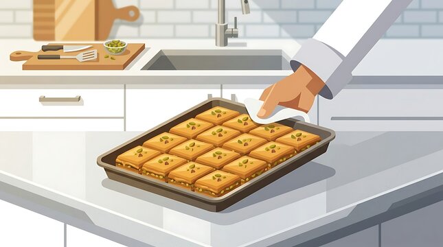 Chef holding a baking tray with fresh honey baklava vector