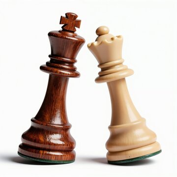 Two chess kings, one dark wood and one light wood, lean towards each other in a strategic showdown. The pieces stand isolated against a clean white background, symbolizing a classic battle of wits.