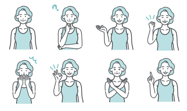 スポーツウェアを着たシニア女性の表情・ポーズ8点セットのイラスト