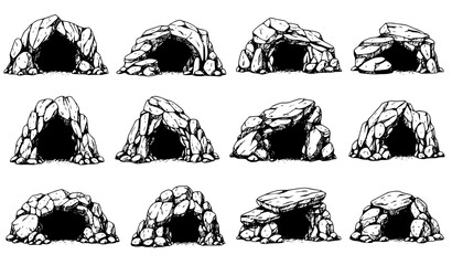 Natural Cave and Grotto Hand Drawn Sketch Set with Rocky Cavern Entrances Vector Art © Romjan