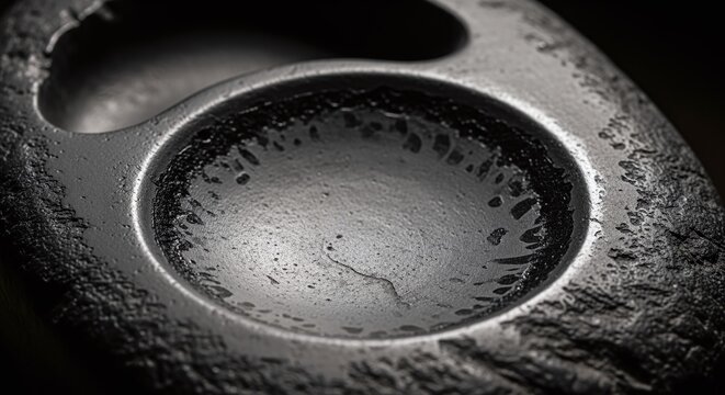 Close-up textured metallic surface with circular indentations, evoking industrial or ancient craftsmanship.