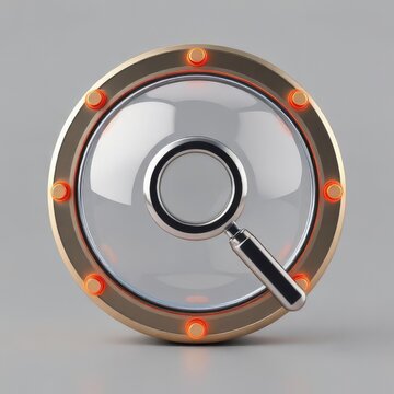  3D magnifying glass icon with orange glowing details on grey background