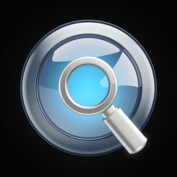  3D magnifying glass icon with orange glowing details on back background