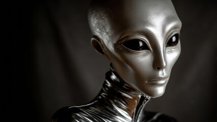Obraz premium Photorealistic extraterrestrial portrait with large black eyes and metallic skin texture in dark atmosphere, close up science fiction alien character concept, mysterious intelligent life form
