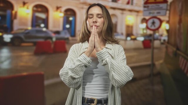 Woman with eyes closed holding hands in prayer and meditative mudra on a busy street near cars and a pedestrian sign; serenity.