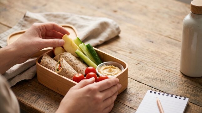 Healthy Lunch Bento Box with Fresh Wraps and Vegetables Held by Woman at Wooden Desk for Work Break