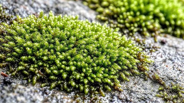 Vibrant green moss spreading across wet textured grey stone surface in a close up nature macro shot illustrating growth and forest ecosystem resilience