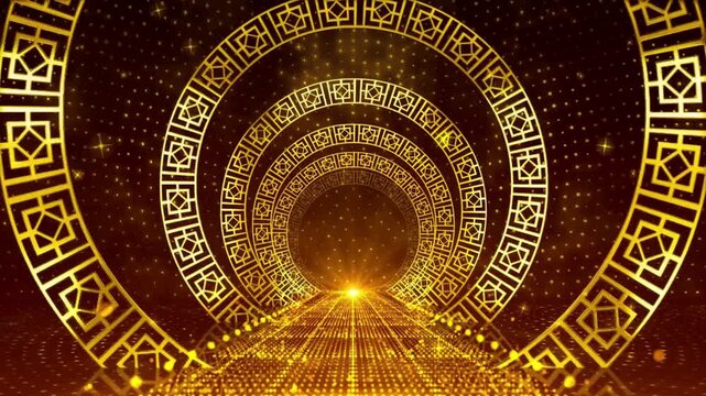 Golden tunnel, glowing archway, ornate patterns, luxury background, abstract design