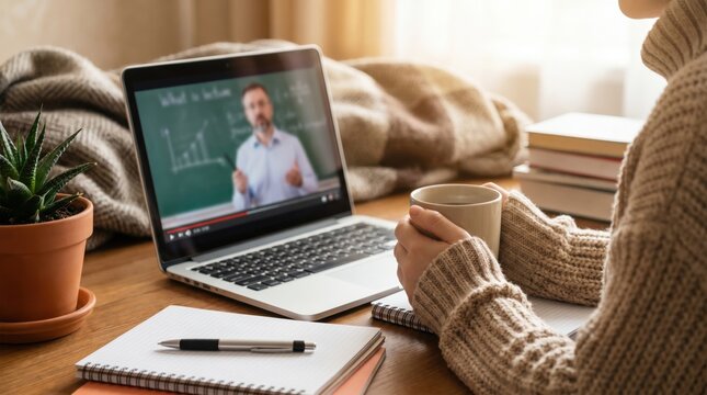 Young woman studying online with laptop at home desk, watching educational video lecture for remote learning concept