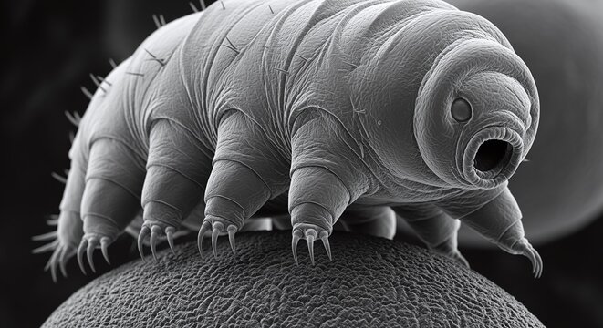 Microscopic tardigrade, a resilient water bear, viewed under electron microscope