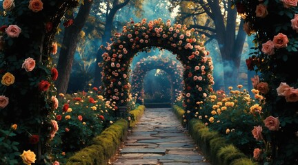 Naklejka premium Stone path leads through garden arches covered in blooming roses. Sunlight filters through trees creating mystical forest atmosphere. Rich green plants, floral displays offer serene, tranquil escape,