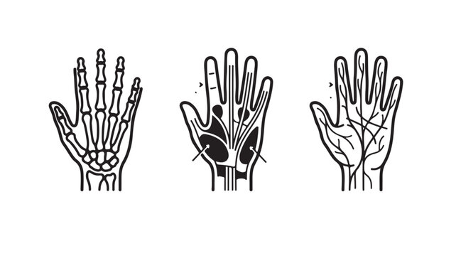 Anatomical Hand Illustrations Showing Skeletal Muscular And Skin Layers For Medical Education