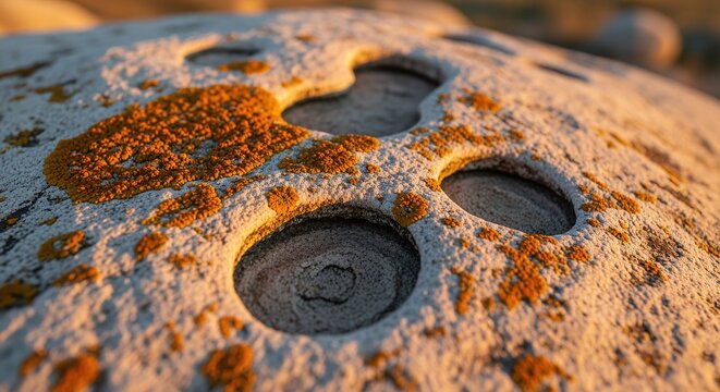 Macro view of textured rock surface with organic growth and natural holes in warm sunlight.