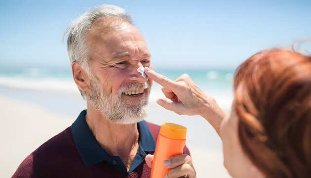 A happy senior woman applies white sunscreen cream to her husband's nose during a sunny beach vacation. The older man is smiling and holding an orange bottle of lotion.