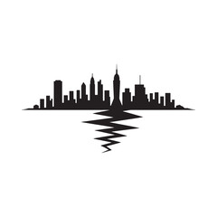 Fototapeta premium Cityscape Silhouette With Wavy Reflection Black On White Background