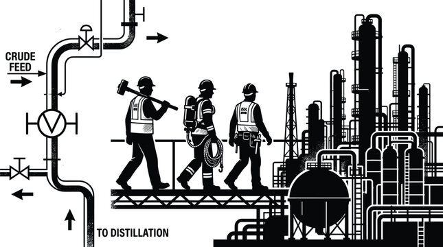 Industrial oil refinery plant with workers and technical diagram showing crude feed flow for energy sector infographic