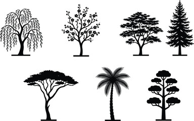 Fototapeta premium Collection of six diverse black tree silhouettes including willow, palm, acacia, bonsai, and conifer forms for design projects
