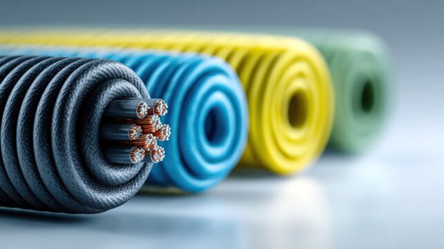 Coiled industrial power cables with exposed copper core strands.
