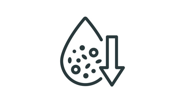 Minimalist vector icon representing a water drop symbol with a downward arrow signifying reduced pollution levels or decreased filtration quality in a simple black line style