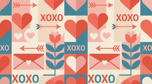 Retro Valentines Day seamless pattern with hearts love letters and XOXO text.