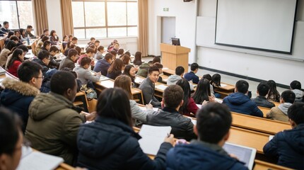 Obraz premium Diverse University Students Attending Lecture in Modern Classroom Setting for Academic Education and Learning Concept