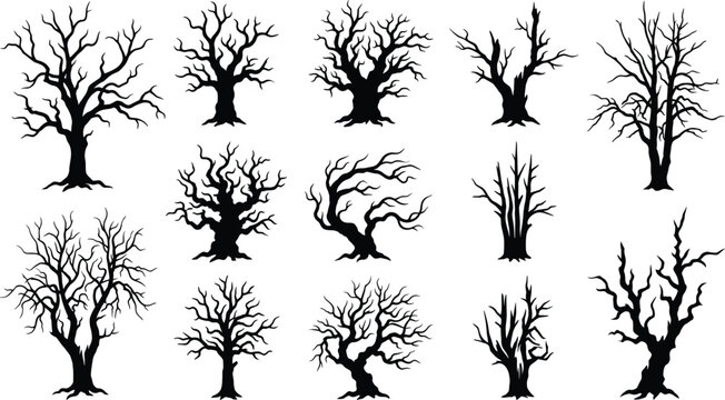 Collection of twelve stylized leafless tree silhouettes with unique branching patterns for winter, eerie, and fantasy design projects
