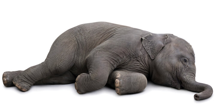 An elephant lies on its side, resting peacefully on a surface, showcasing its body, elephant, head, trunk, and leg.