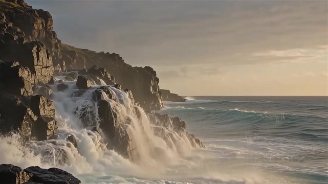Powerful ocean wave crashing against rugged rocky cliffs at sunset with splashing sea spray and golden hour lighting creating a dramatic coastal seascape scene