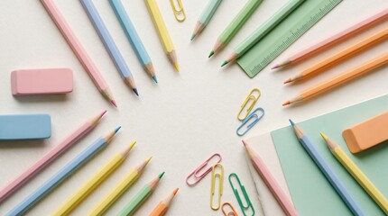 Fototapeta premium Pastel Stationery Flat Lay for Creative Planning and Back to School Projects with Colorful Pencils and Erasers