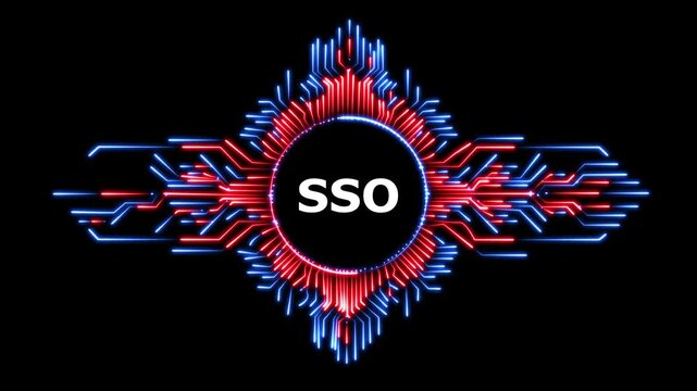Digital motion background featuring glowing sso text and neon circuit patterns.