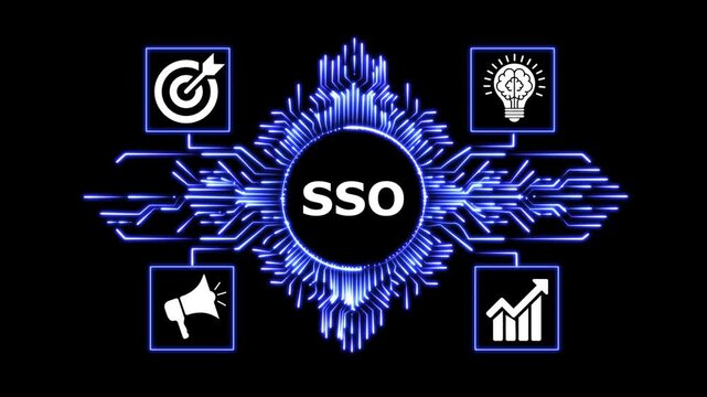 Single sign on sso technology concept with glowing digital circuit background.