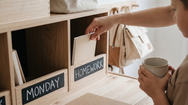 Young boy organizing school homework in wooden cubby shelf at home study desk for productive learning and education
