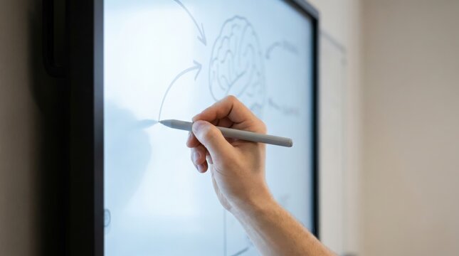 Male hand using digital stylus on interactive whiteboard drawing brain diagram for neuroscience education concept