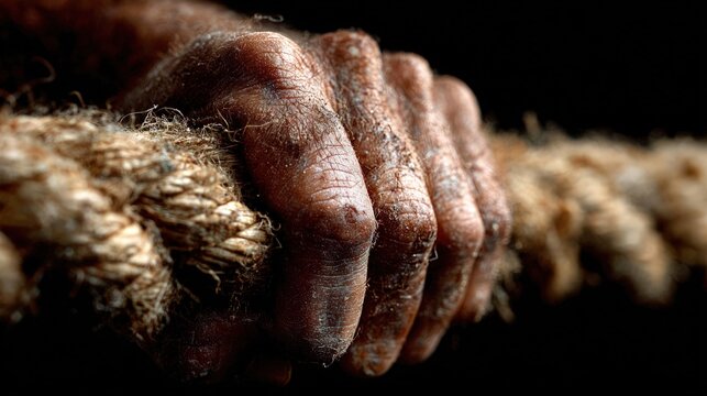 Detailed view of a weathered, dirty hand firmly grasping a thick hemp rope against a dark background.
