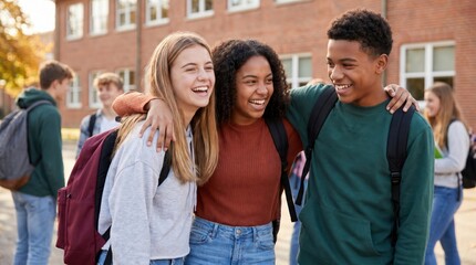 Fototapeta premium Diverse Group of Happy Teenagers Laughing Together Outside School Building Representing Friendship and Education