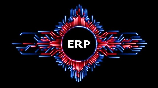 Erp glowing neon text over digital data circuit board background for tech intro.