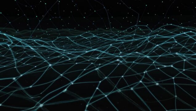 Abstract 3D Cyber Security Data Grid Loop with Glowing Cyan Nodes and Constellation Background
