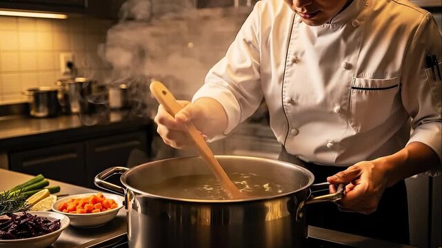 Chef stirs pot of simmering liquid with steam rising from it.