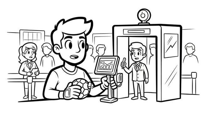Happy young man using automated self checkout machine indoors.