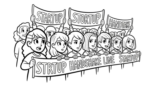 Cartoon protest group holding startup themed signs together.