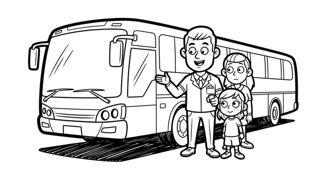 Happy family standing beside large modern travel bus.